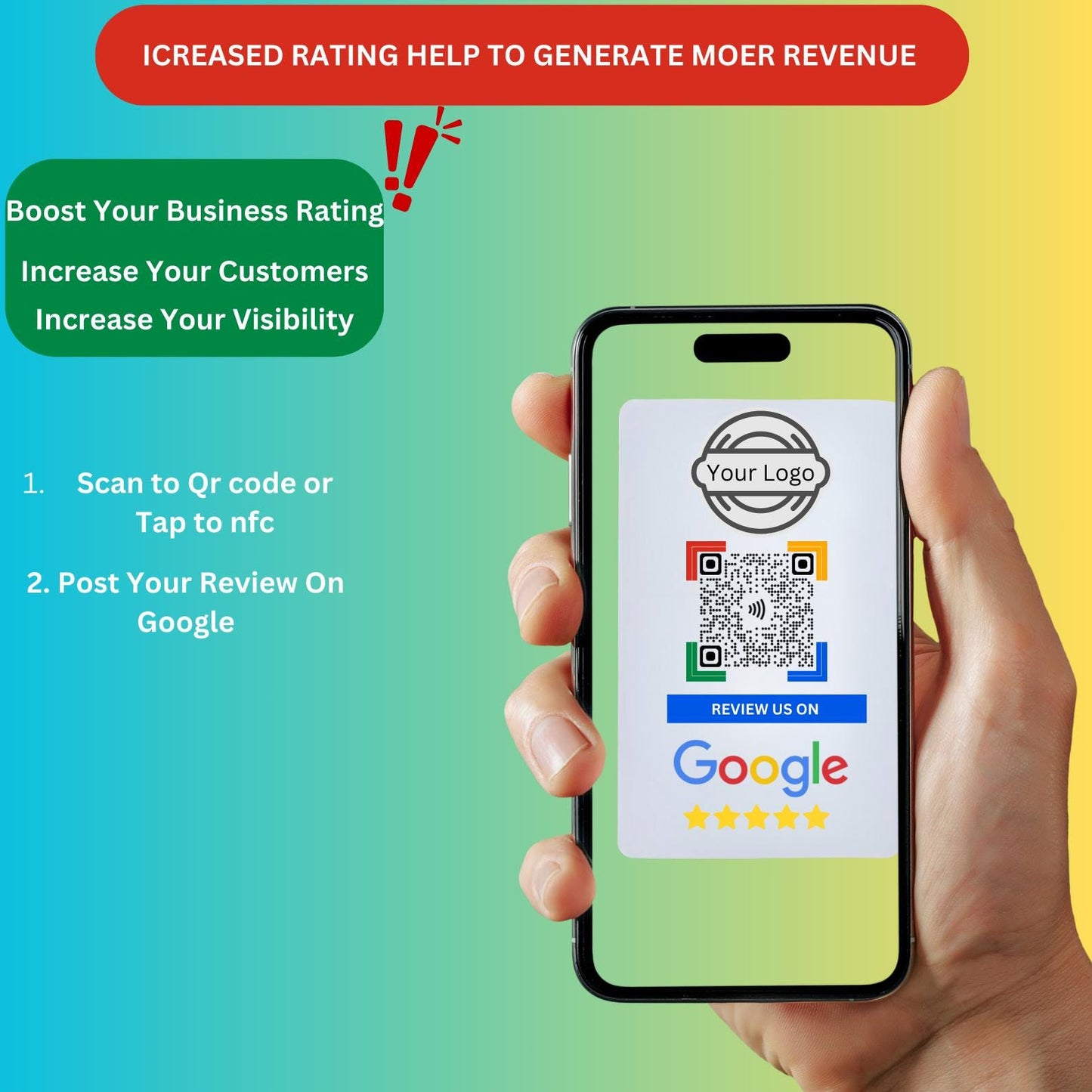 Custom Google Review NFC & QR Card – Add Your Logo – Tap or Scan – Program Your Google Review Link