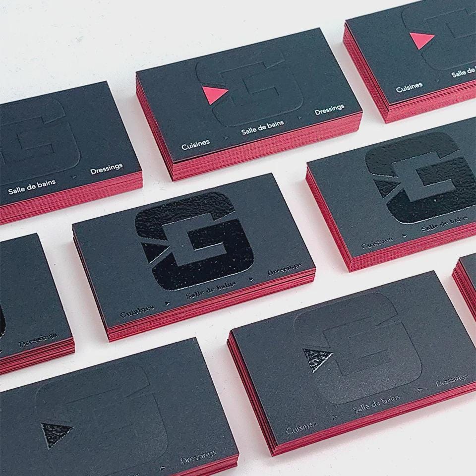 Embossed 3D Logo Business Cards: Rose Red Edge, Glitty UV Print, Eco-Friendly