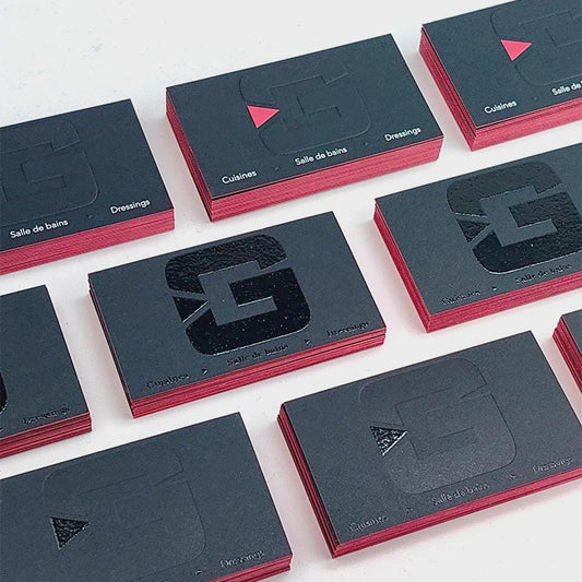 Embossed 3D Logo Business Cards: Rose Red Edge, Glitty UV Print, Eco-Friendly