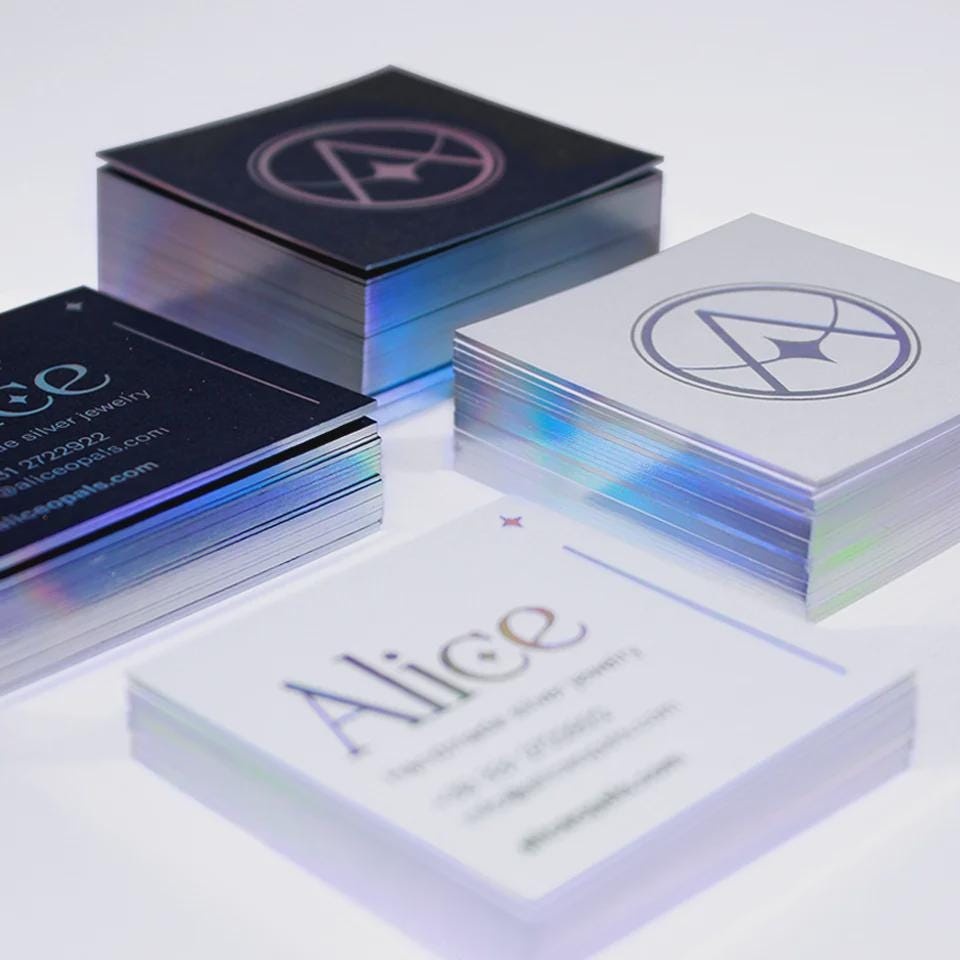 100 pcs Holographic Square Business Card Pearl Paper, Custom Glitter Logo, Silver Foil Edge, Double Sided Modern Iridescent Visiting Card